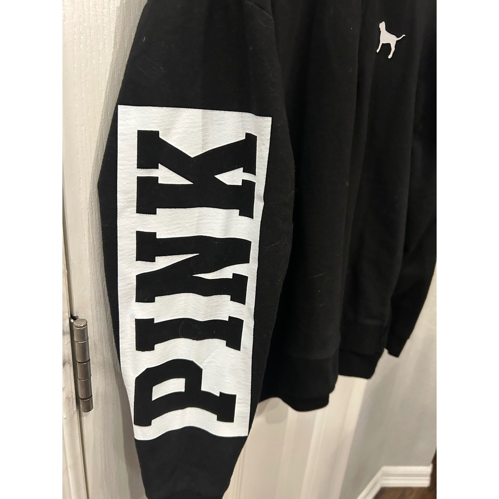 PINK Victoria's Secret Sweatshirt Black Quarter Zip Logo Graphic Pullover M - Picture 2 of 7